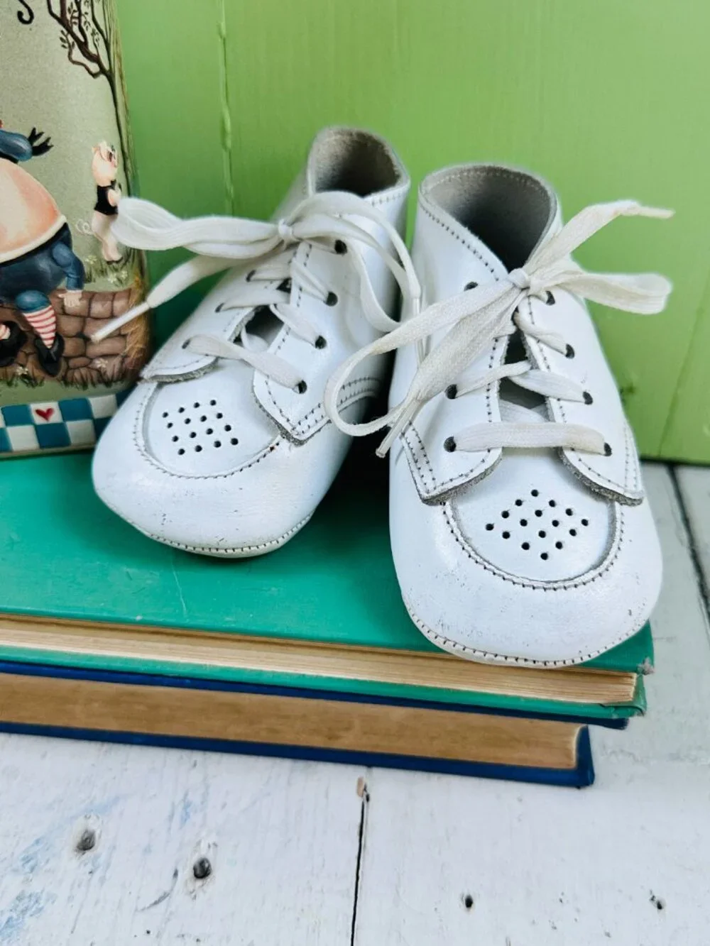 Vintage White Leather Baby Shoes Lace Up Crib Booties Nursery Decor